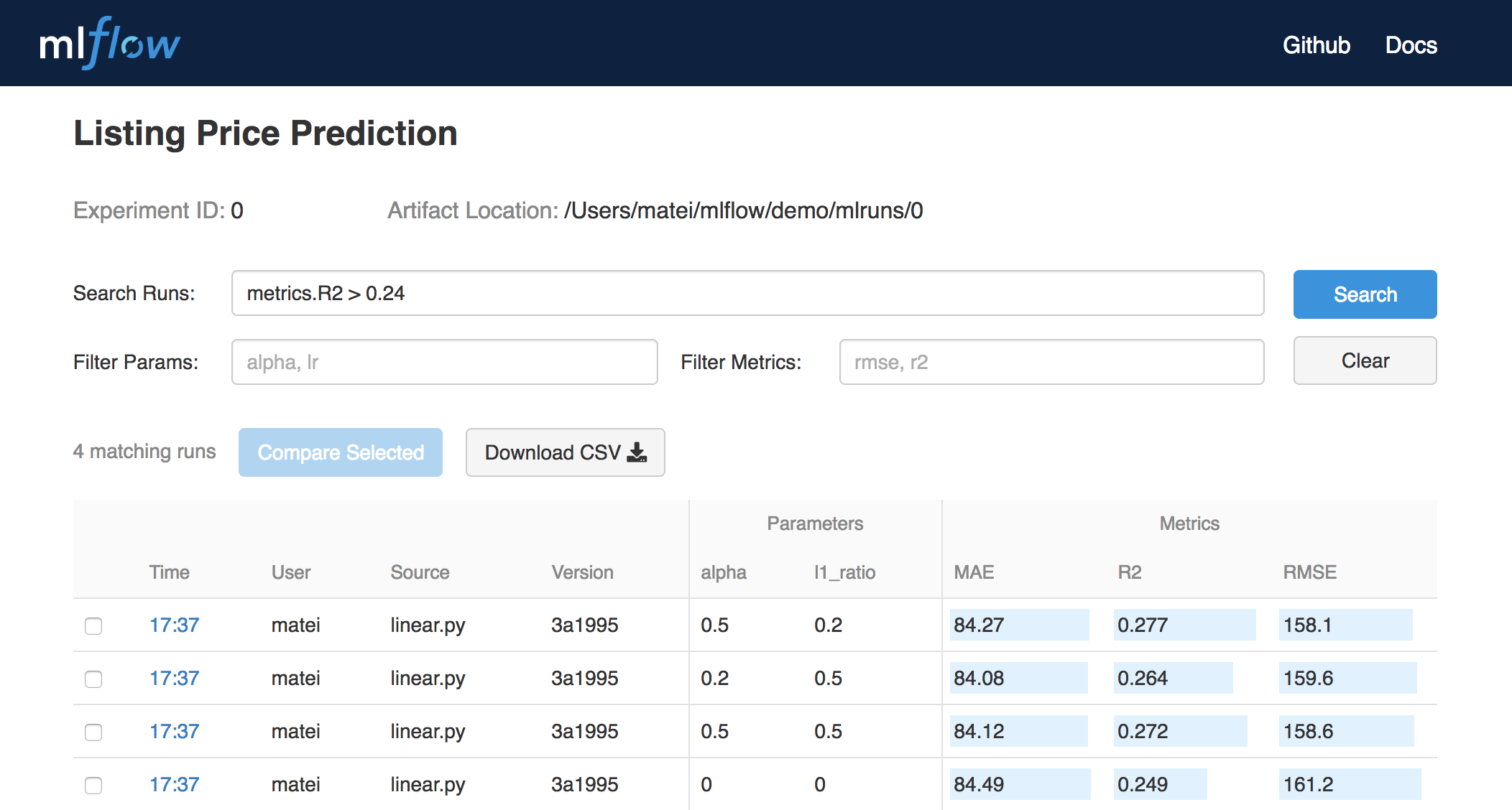 MLflow Tracking UI