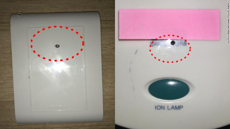 Cameras found by police hidden inside a hotel wall outlet (left) and hair dryer stand (right). 