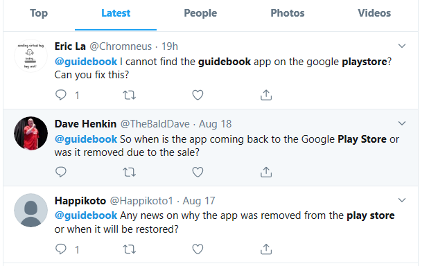 Bemused customers take to Twitter in search of Guidebook apps removed from the Play Store