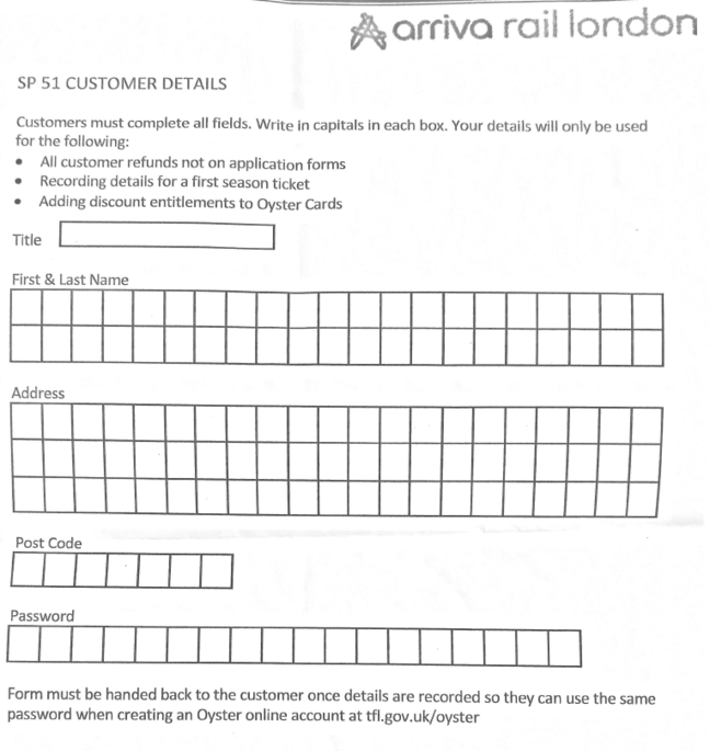 Oyster plain text password form from Arriva Rail London, which operates London Overground