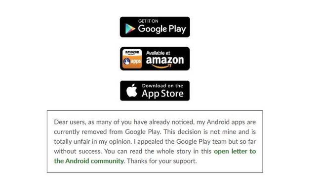 Patrick Godeau informs customers that his apps have been removed from the Play Store