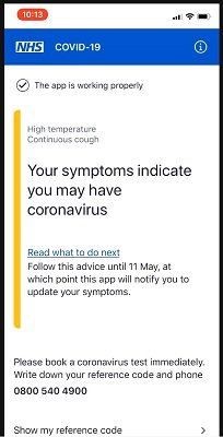 Screenshot of the NHSX covid-19 contact tracing app