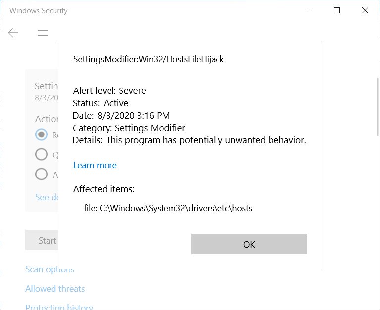 SettingsModifier:Win32/HostsFileHijack detection