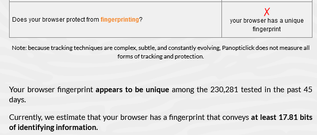 firefox's results on panopticlick - my browser has a unique fingerprint