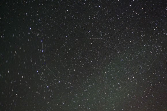 A large, faint patch of airglow below the Dippers photographed last month on a very dark night. To the eye, all airglow appears as colorless streaks and patches. Unlike the aurora, it's typically too faint to see color. No problem for the camera though! Credit: Bob King