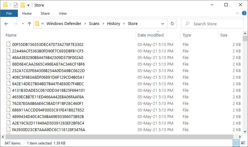 Windows Defender folder filled with small files 