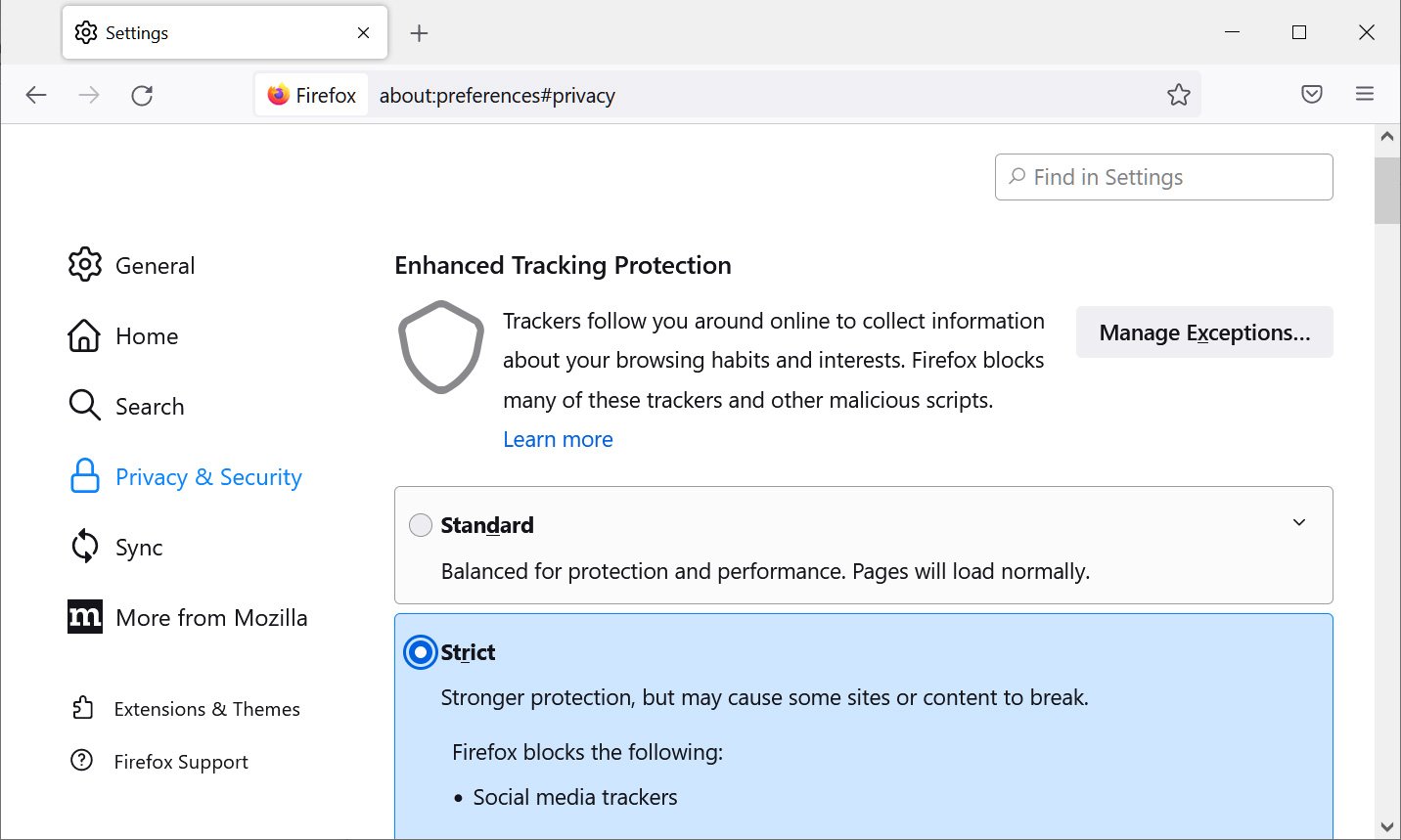Mozilla Firefox's Enhanced Tracking Protection set to Strict