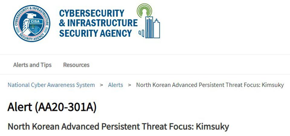 CISA alert for North Korean Advanced Persistent Threat Focus: Kimsuky
