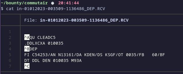 screenshot of a terminal showing what an ACARS RCV file shows like