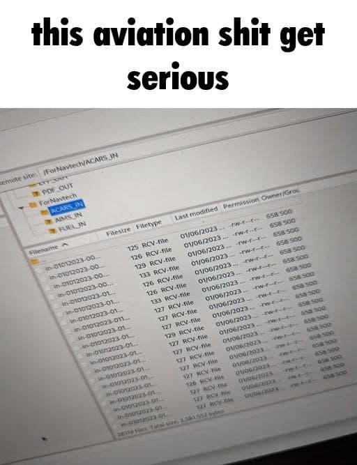 a photo of a screen showing filezilla navigated to a folder called ForNavtech/ACARS_IN full of acars messages, the image is captioned like a meme with "this aviation shit get serious"
