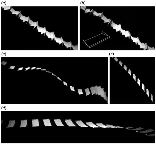 Flight motions of paper airplanes with different center of mass locations.