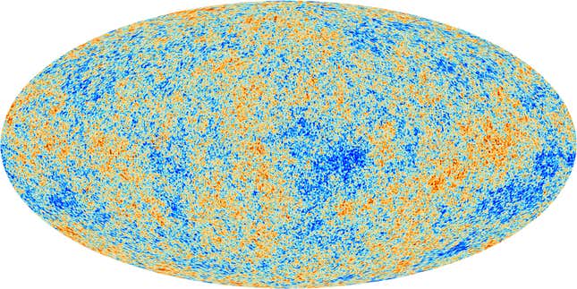 The cosmic microwave background as seen by the European Space Agency's Planck observatory.