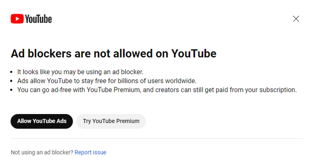Screenshot of Youtube's ad blocker warning