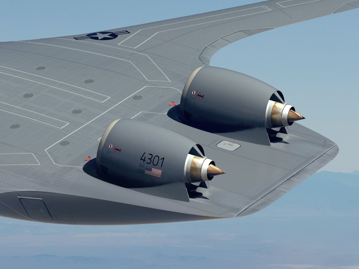 A close-up of the rear end of the latest rendering of JetZero's blended wing body design concept. <em>USAF</em>