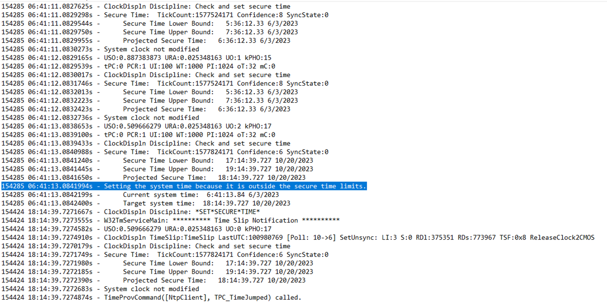 Screenshot of a system event log as STS causes a system clock to jump to a date four months later than the current time.