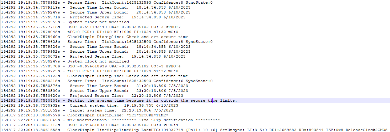Screenshot of a system event log when STS resets the system date to a few weeks later than the current date.