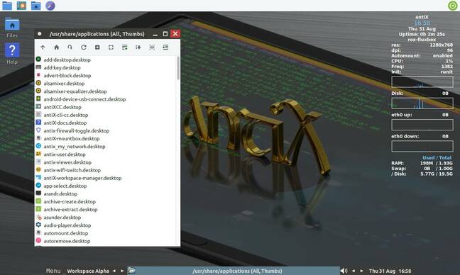 The Fluxbox window manager, with its virtual desktop switcher control at the bottom, and ROX Session's panel at the top. With some tweaking, it could be very like RISC OS