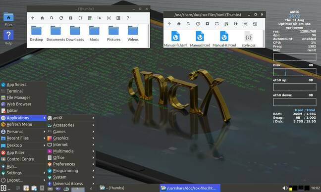 antiX 23 with IceWM and a couple of ROX Filer windows open. Looks like a desktop, works like a desktop – but faster