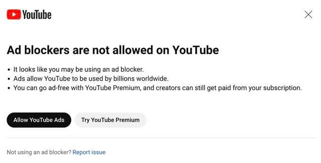 Image of 'Ad blockers are not allowed' popup