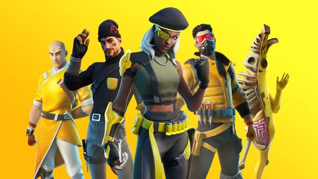 An image shows characters from Fortnite in front of a yellow background. 