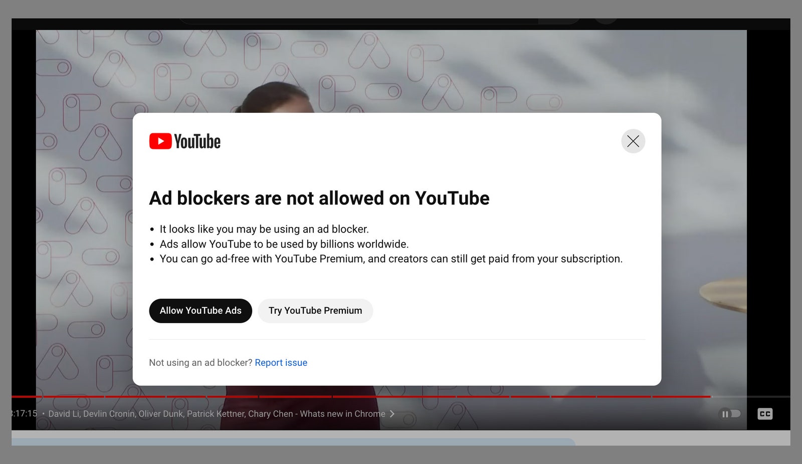 Screenshot of ad blocker notice on YouTube