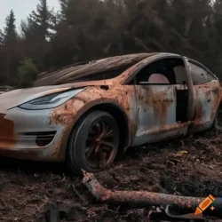 Burned out rusted broken Tesla model 3 over taken bij Red Forrest. Foggy and dark