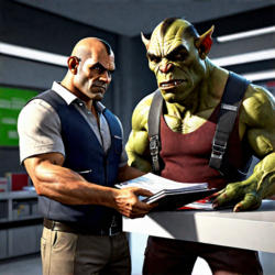 a verizon technician giving away a large binder of documents to an ugly orc