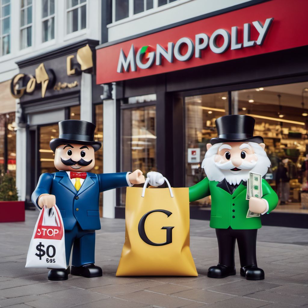 apple and google as monopoly characters holding big bags of cash in front of a store