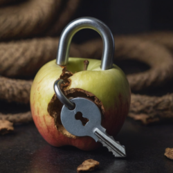 a rotting apple core with a closed padlock running through it