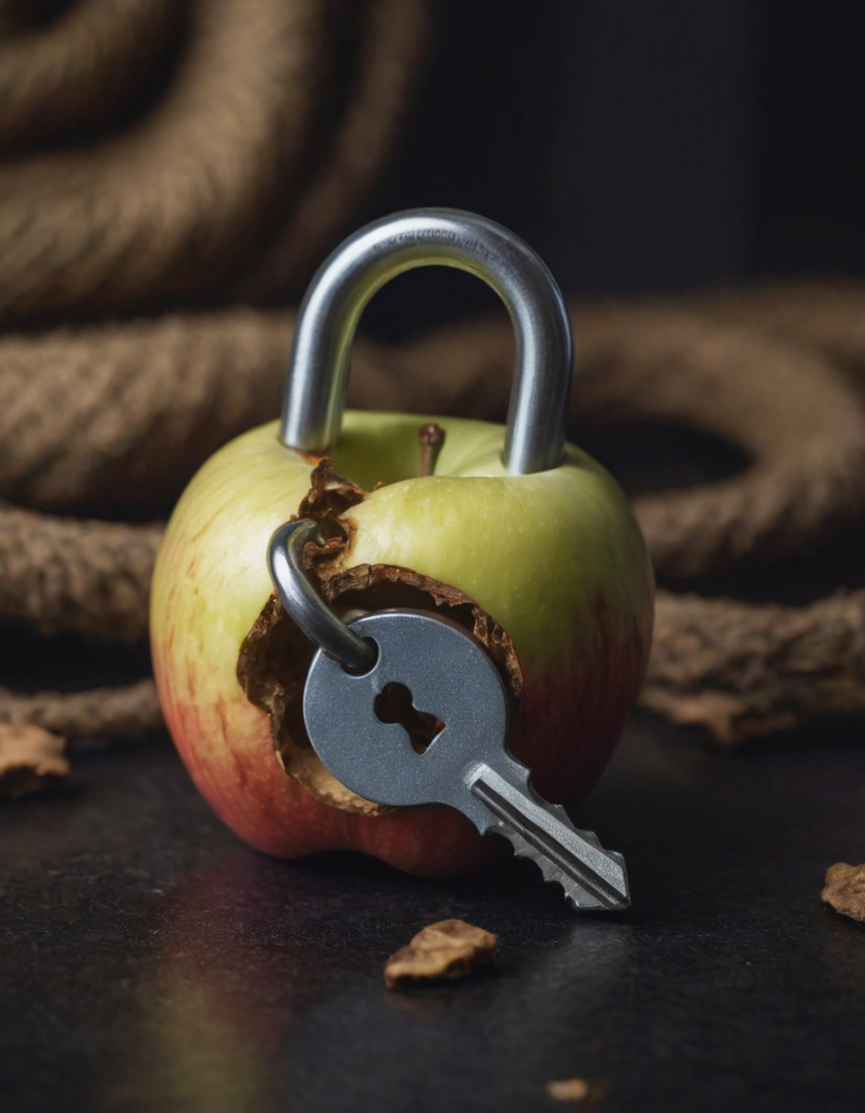 a rotting apple core with a closed padlock running through it