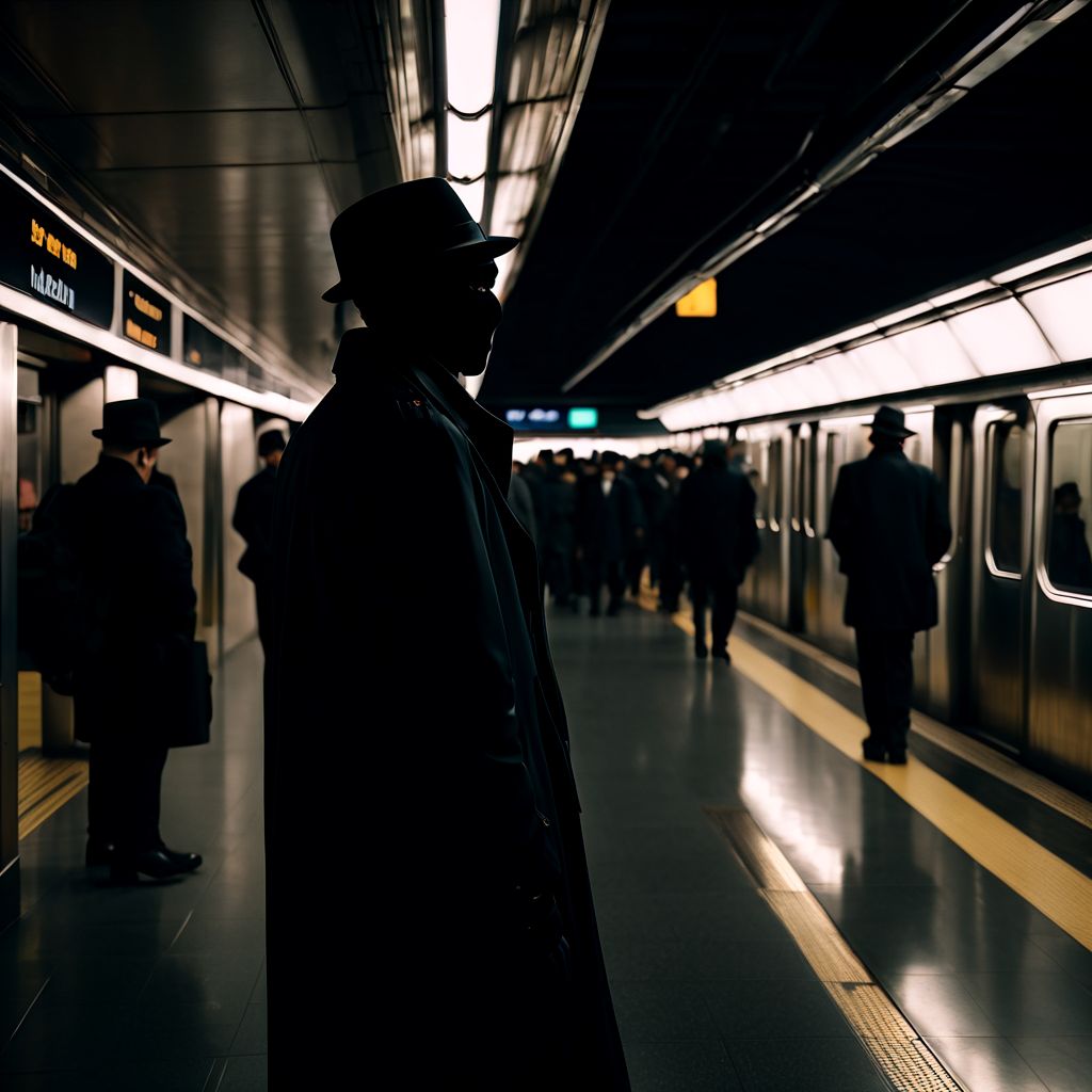 a shadowy spy looking at people using airdrop on a subway station