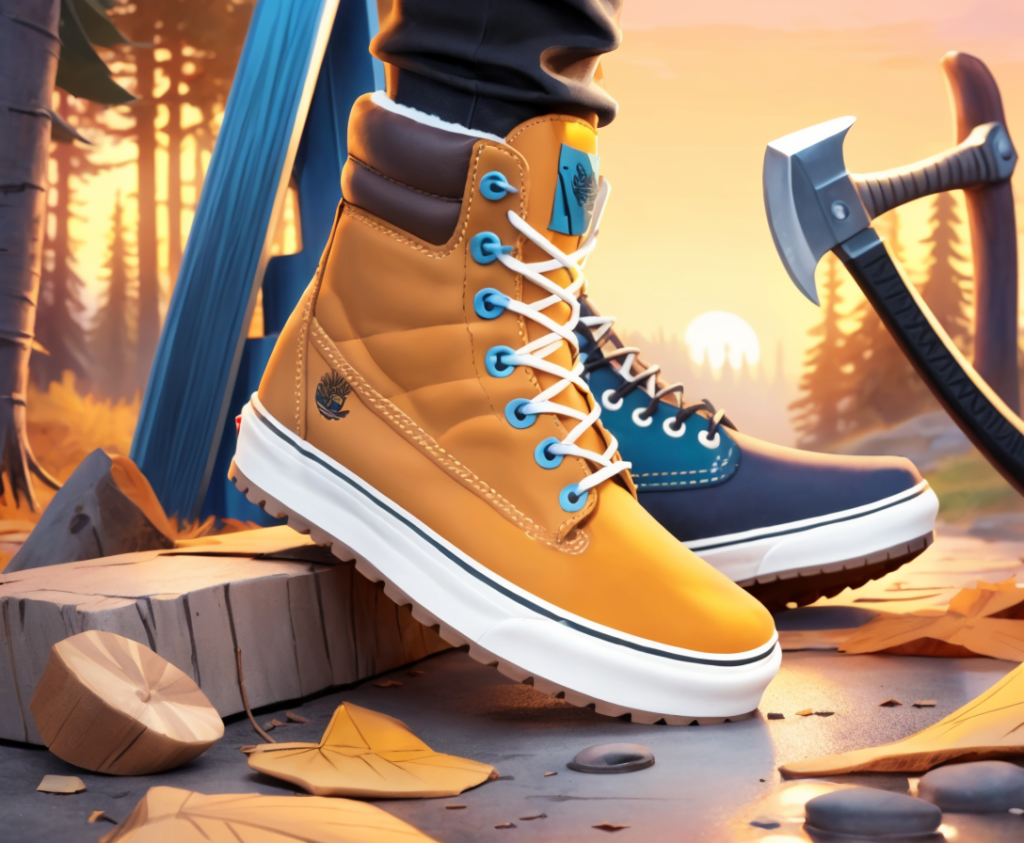 a vans sneaker and timberland boot with an axe through them