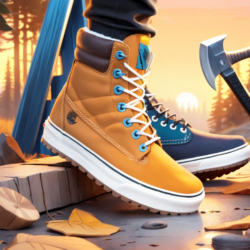 a vans sneaker and timberland boot with an axe through them