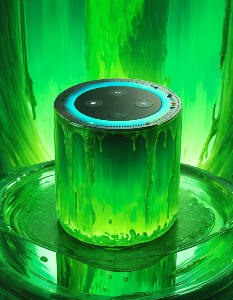 amazon alexa echo device covered in green goo