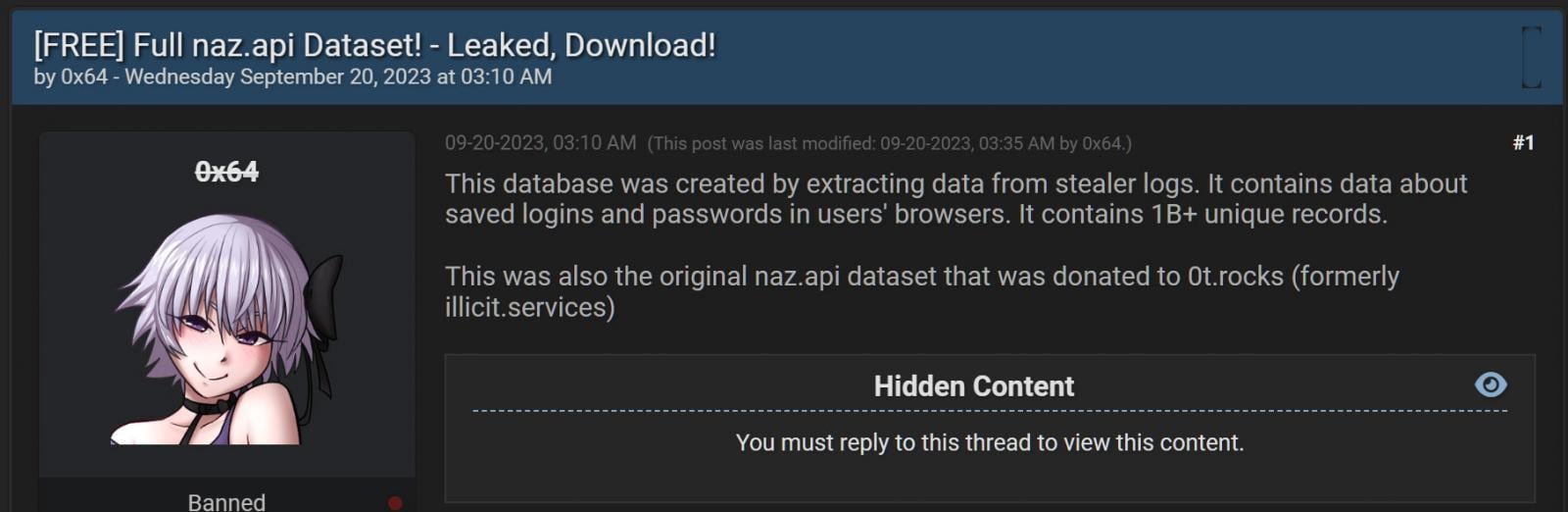 Threat actors sharing the Naz.API dataset on hacking forums