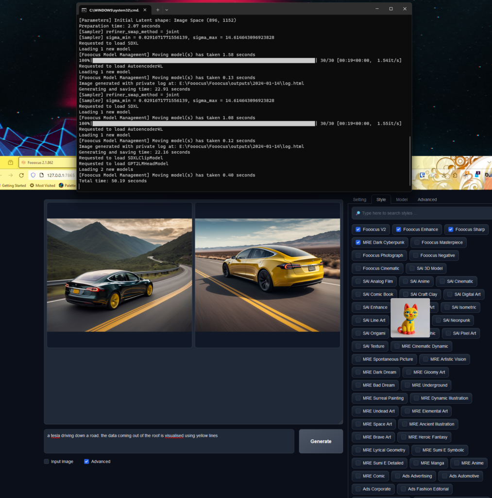 an image of a tesla driving down a road. the data coming out of the roof is visualised using yellow lines generated by Fooocus