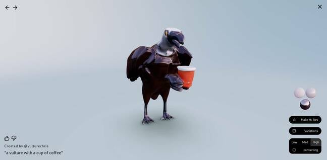 Screenshot of Luma's Genie creating a vulture holding a cup of coffee