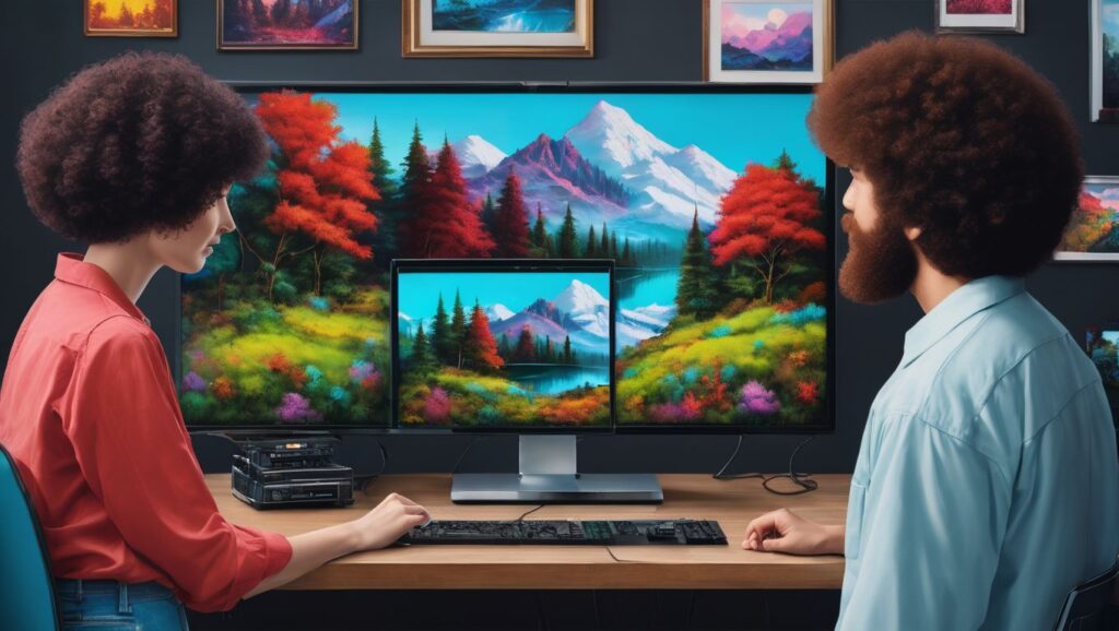 two people holding hands watching a pc screen. On the screen is a robot painting a digitised Bob Ross painting