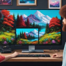 two people holding hands watching a pc screen. On the screen is a robot painting a digitised Bob Ross painting