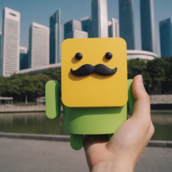 a 3d android logo raising one arm horizontally as seen from a diagonal facing angle. There is a square moustache on the logo where the nose should be. The Singapore skyline is in the background.