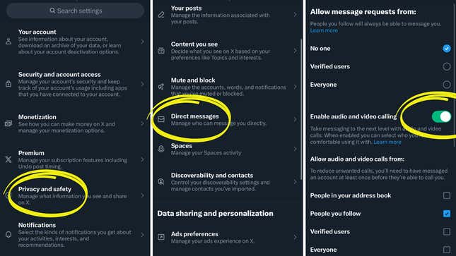 A screenshot that shows how to disable audio and video calling on X.