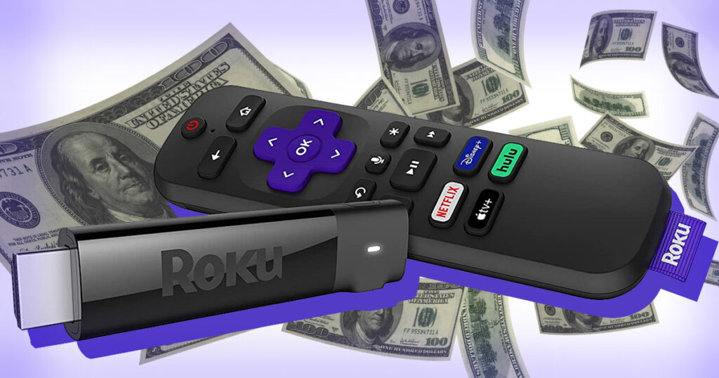 roku remote with dollar bills around it