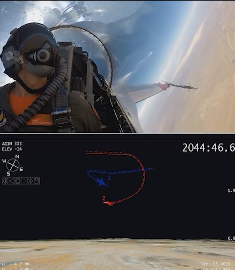 Another view from the X-62A's cockpit during last year's mock dogfight. <em>DARPA/USAF capture</em>