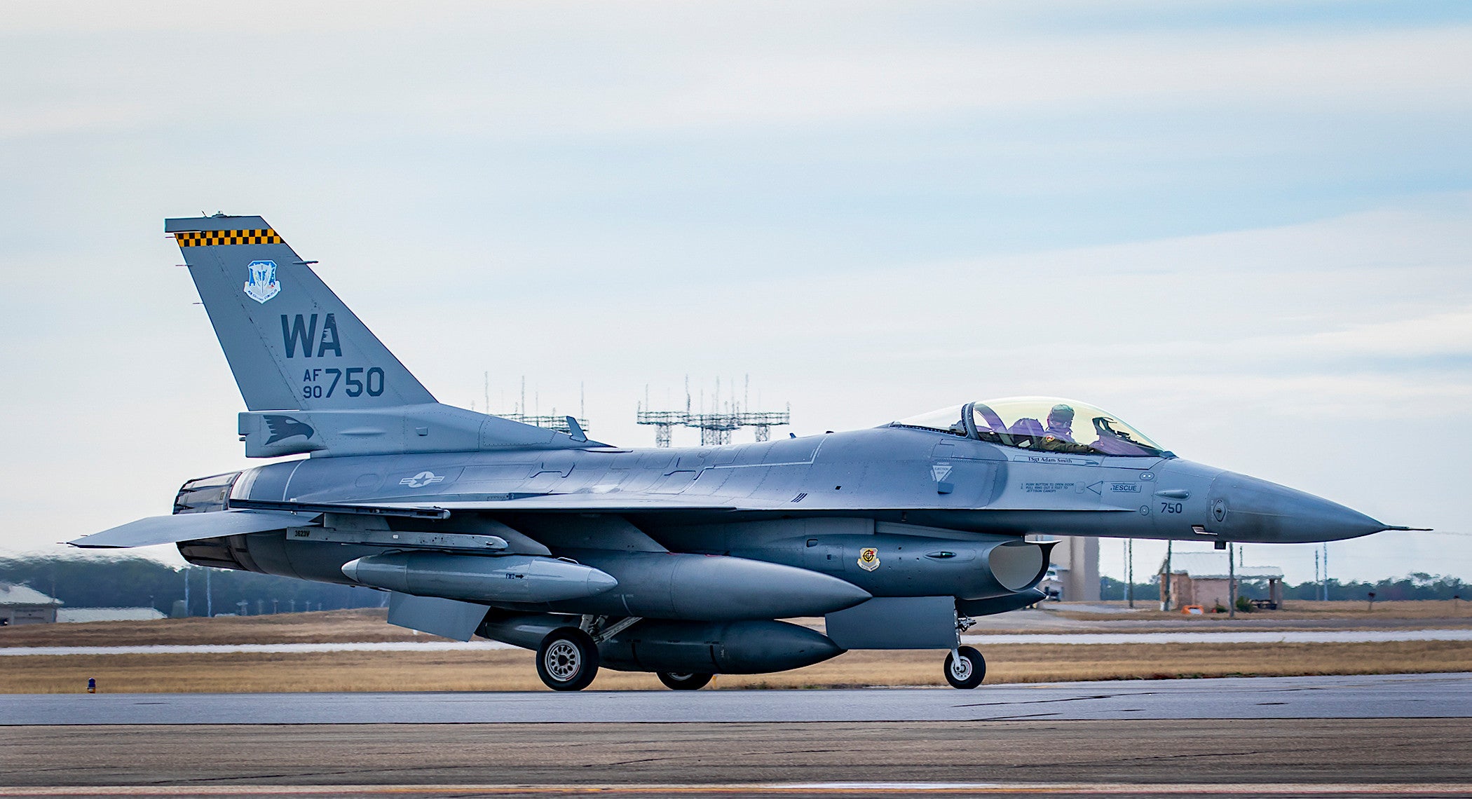 One of the first F-16s set to be converted into an autonomy testbed under Project VENOM arrives at Eglin Air Force Base on April 1, 2024. <em>USAF</em>